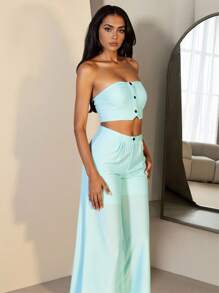 Zolique Women's Elegant Baby Blue 2 Pieces Set,Summer Vacation Bandeau Crop Top And Wide Leg Pants,Solid Color Casual Holiday Wear Outfits Spring Suit - Blue - View 5
