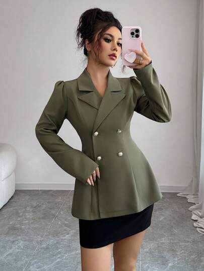 Elenzga Elegant Commuter Solid Color Double-Breasted Blazer Fall Cloth For Women