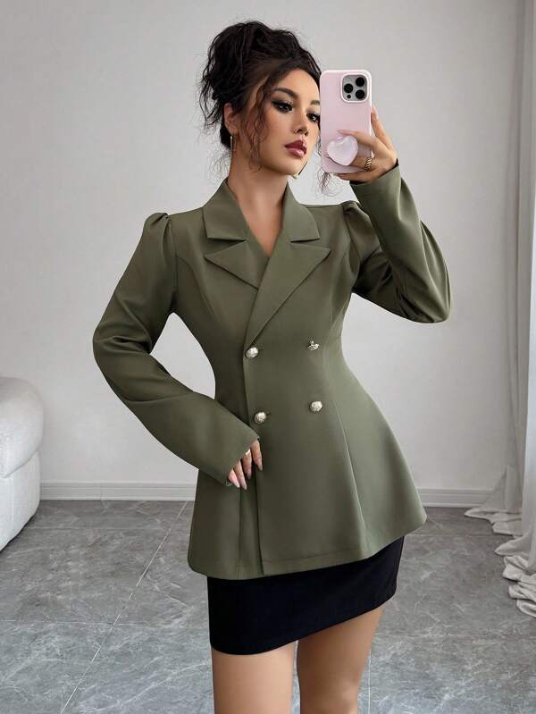 Elenzga Elegant Commuter Solid Color Double-Breasted Blazer Fall Cloth For Women