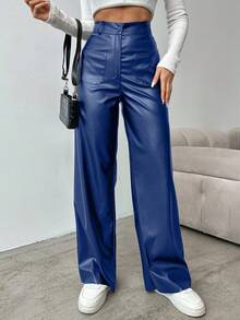 EURMUSE Women's Solid Color High Waist Straight Leg Pants, Suitable For Commuting - Navy Blue - View 4