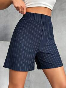 SHEIN Women Striped Detailed Elastic Waist Casual Shorts - Navy Blue - View 1