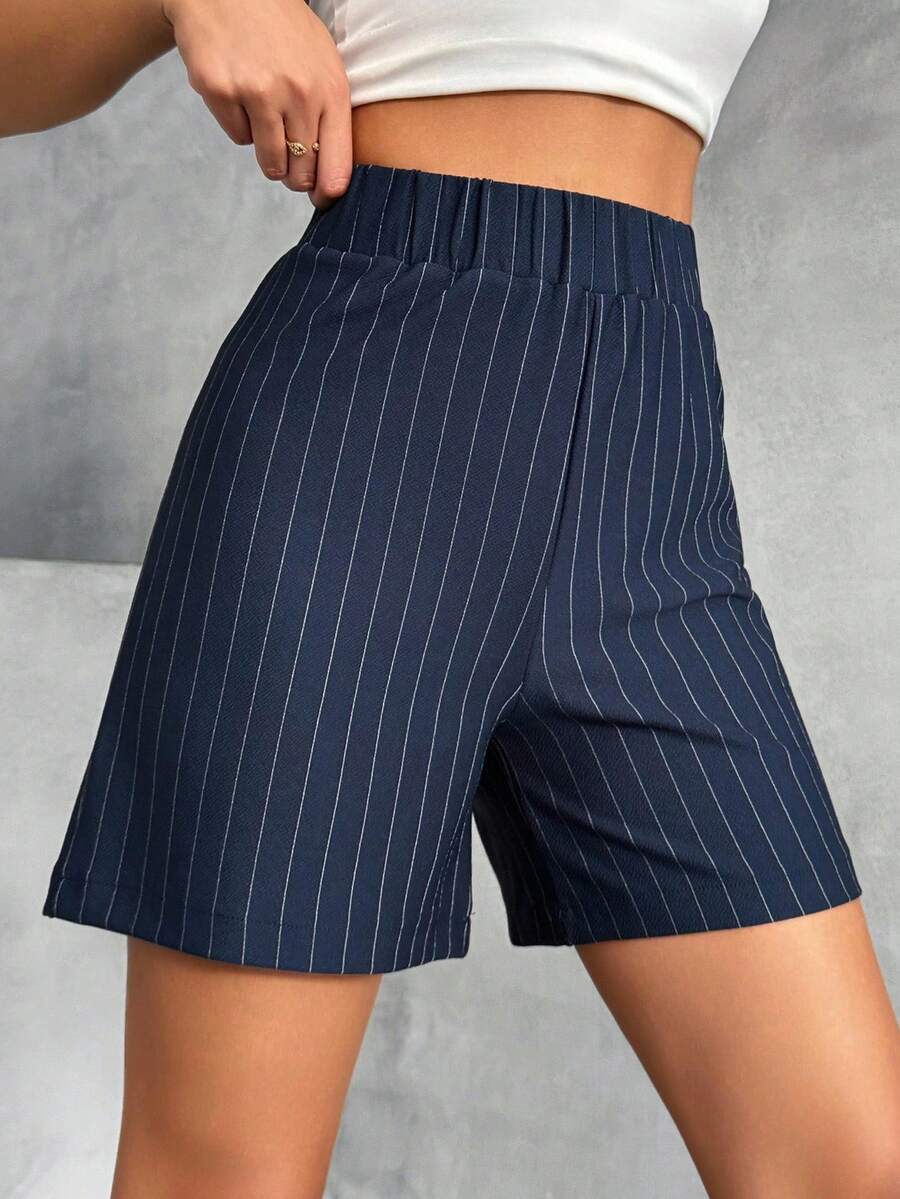 SHEIN Women Striped Detailed Elastic Waist Casual Shorts - Navy Blue - View 1