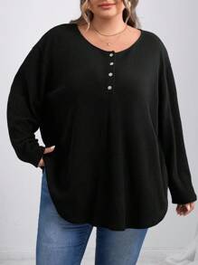 SHEIN CURVE+ Áo thun nữ tay dài cài nút phía trước màu đen, trang phục thường ngày/Mùa thu/Mùa đông - màu đen - Xem 4