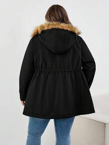 SHEIN CURVE+ 加大码，法兰绒，厚毛领，帽子，束腰棉夹克，黑色休闲女士棉夹克加大码冬季夹克加大码仿皮草夹克 8xl 女士夹克加大码连帽夹克加大码保暖夹克秋季/秋冬 - 黑色 - 查看 2