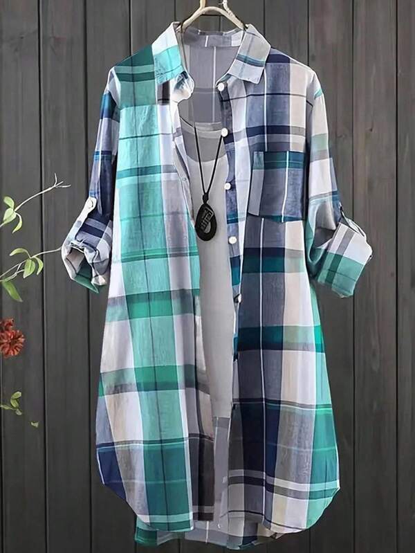 INAWLY Plus Size Front Button Up Long Sleeve Plaid Casual Longline Shirt