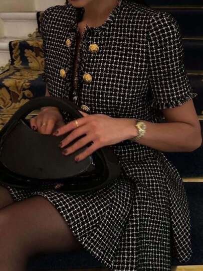 Siren Gaze Business Casual Woman Teacher Outfits For Women Back To School Clothes Fall Women Clothes  Black Raw Edge Tweed Short Sleeve Cropped Jacket For Commuting, Leisure, Work And Dating Women Lightweight Jackets Old Money Style Back To School Wome Teacher Outfits For Women Winter Clothes For Women Autumn Clothes