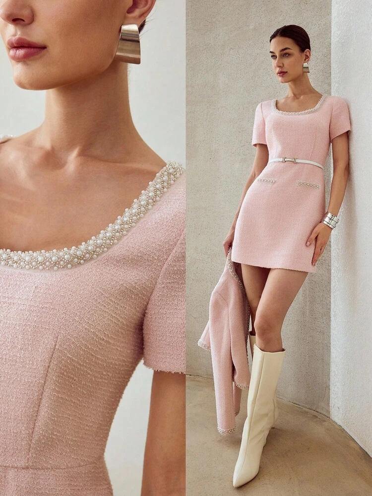TWEED FAUX PEARL BEADED SQUARE NECK DRESS WITHOUT BELT