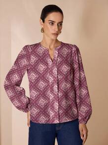 Shutterstock Glamance Camisa casual y de oficina con estampado total, adecuada para primavera y otoño, blusas estampadas para mujer - Burdeos - Ver 4