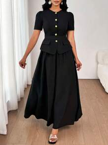 SHEIN Lady 优雅通勤纯色复古腰带夹克和裙子套装金属扣老钱风格女士早午餐装女士优雅装