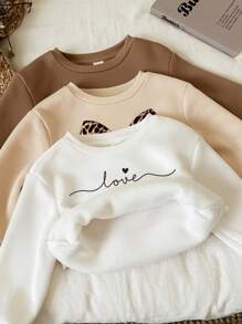SHEIN 3 件套复古豹纹蝴蝶结、复古心形印花、爱心图案加厚保暖内衬长袖卫衣，适合女婴，适合秋冬季、返校季 - 彩色 - 查看 3
