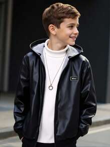 SHEIN Tween Boys' Casual Everyday Versatile Comfortable Motorcycle Style PU Faux Fur Lined Thick Woven Jacket Suitable For Birthday Parties, Evening Parties, Performances, Weddings, Baptisms, Opening Ceremonies Daily Suitable For Daily Use Suitable For School Suitable For Travel Suitable For Sports Suitable For Autumn And Winter Hooded Jacket Faux Leather Jacket Jackets For Tweens Zip Up Jackets Tween Teen Boy Jackets Fall - Black - View 6