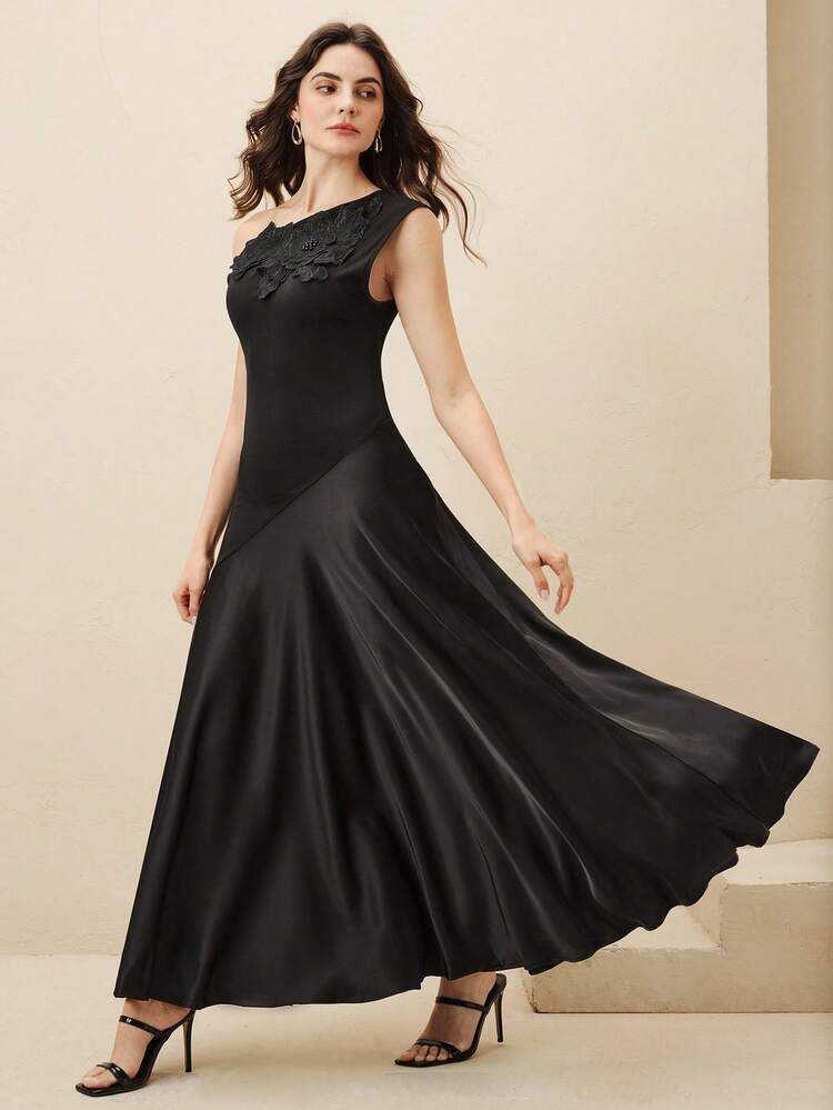 Elegant Floral Decor Asymmetrical Shoulder Long Sleeve Knit Patchwork Embroidered Dress For Women