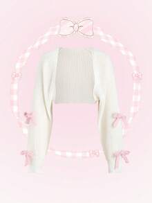 SHEIN Tween Girl Cute And Kawaii White Long Sleeve Cardigan With Pink Bow-Tie.,Long Sleeve Tops,In Fall/Winter - White - View 1