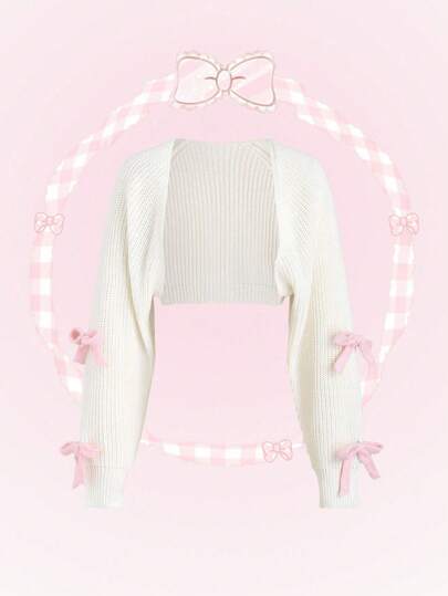 SHEIN Chaqueta de manga larga con lazo rosa, estilo lindo y kawaii para niña preadolescente. Parte superior de manga larga.
