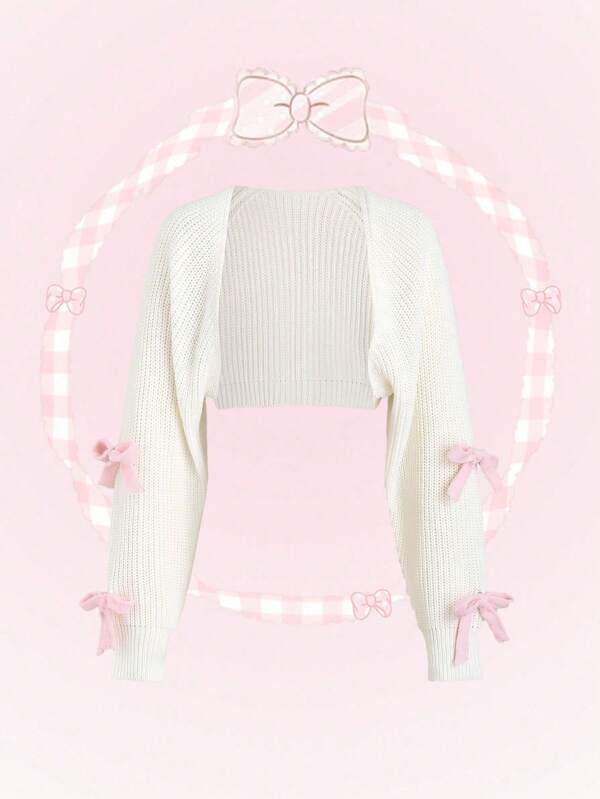 SHEIN Tween Girl Cute And Kawaii White Long Sleeve Cardigan With Pink Bow-Tie.,Long Sleeve Tops,In Fall/Winter
