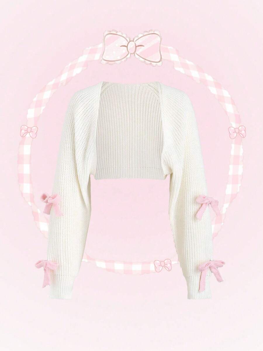 SHEIN Tween Girl Cute And Kawaii White Long Sleeve Cardigan With Pink Bow-Tie.,Long Sleeve Tops,In Fall/Winter - White - View 1