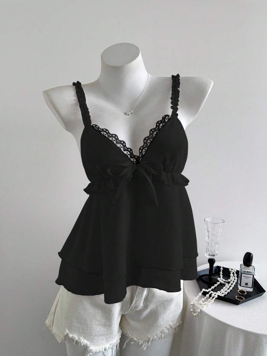 Flirla Black Elegant V-Neck Ruffle Trim Chiffon Layered Cami Top, For Going Out - Black - View 1