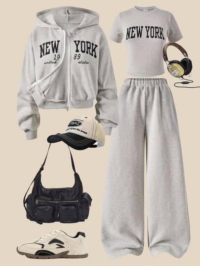 Sparklyn 3pcs/Set Teenage Girls' Printed Zip-Up Hoodie Jacket & Minimalist Graphic Tee & Wide Leg Pants Set, Petite Women Casual Sweatshirt Outfit, Suitable For Outing, Vacation, Street, Back To School, Campus Wear Fall Winter