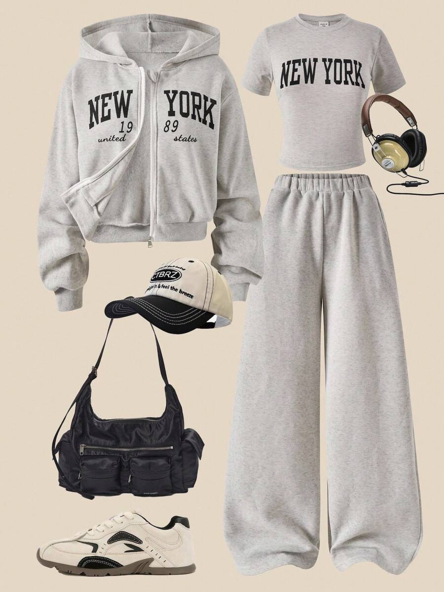 Sparklyn 3 件套青少年女孩印花拉链连帽衫夹克和极简主义图案 T 恤和阔腿裤套装，娇小女士休闲运动衫套装，适合外出、度假、街头、返校、校园穿着 - 淺灰色 - 查看 1