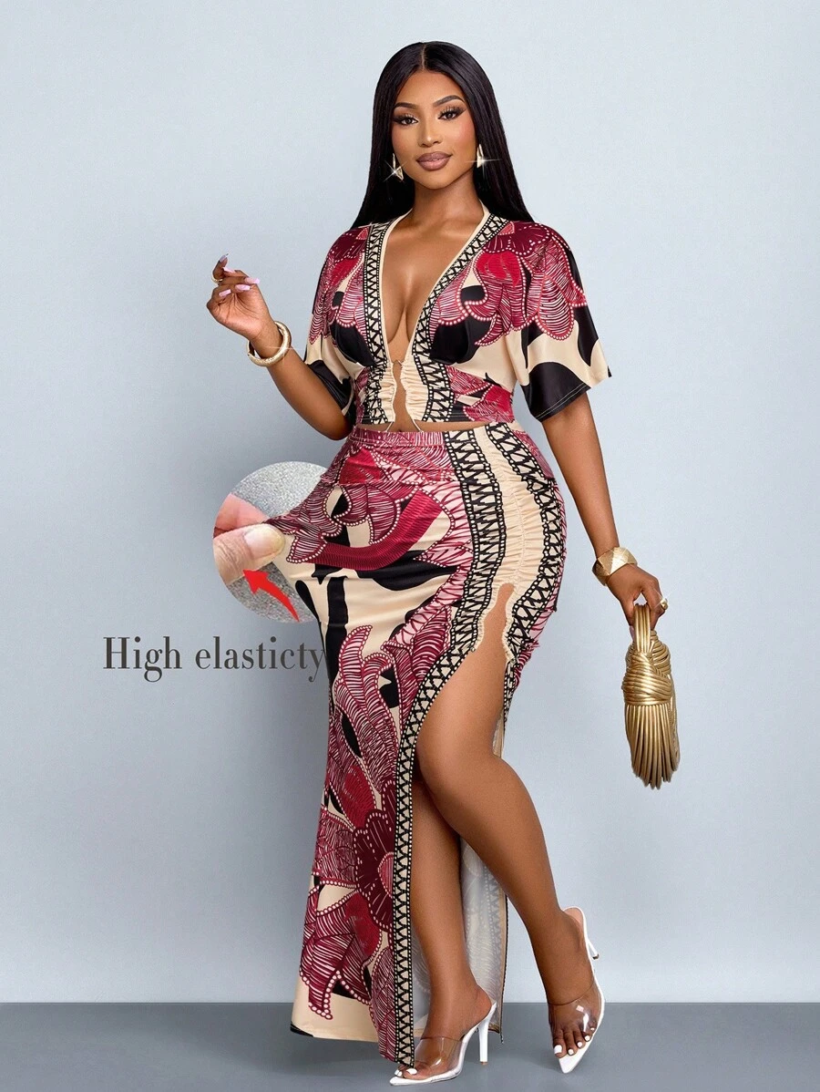 SOLERSUN Bộ đồ hai mảnh ren khoét lỗ họa tiết hoa thời trang nữ cỡ lớn, trang trí khóa kim loại, xẻ tà, mặc đi biển - Màu Hồng Tươi - Xem 1