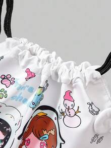 ROMWE Anime 可爱女孩背包，带有心形和星星印花，透明口袋，大容量，抽绳封口，双面设计，适合上学、通勤、休闲日常穿着