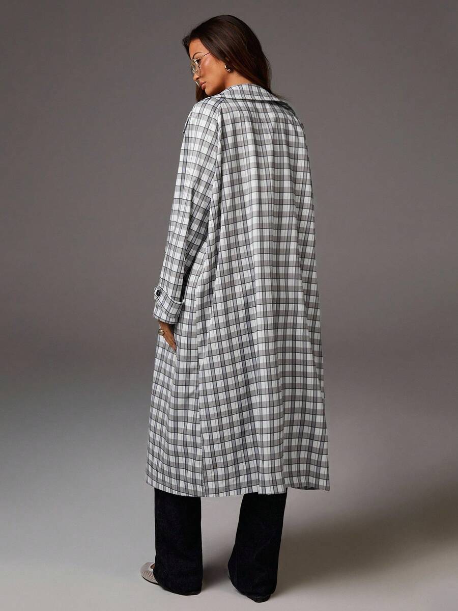 Athîral Women's Lapel NeckLong Sleeve Long Casual Plaid Print Jacket In Fall/Winter - Multicolor - View 1