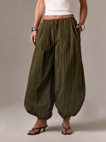 AiiRZ 超大亚麻质感阔腿裤松紧腰阔腿降落伞休闲夏季休闲阔腿裤带侧袋