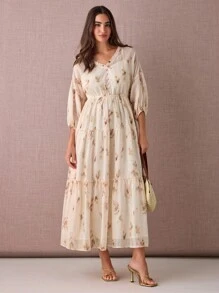 Enchnt 女士优雅全印花连衣裙，适合度假穿着 - 黃色 - 查看 5