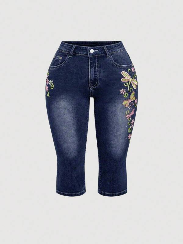 ROMWE Fairycore Women Y2k Summer Retro Butterfly Sequin Embroidery Capri Jeans