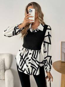 SHEIN LUNE 休闲通勤印花拼接二合一上衣，适合春秋季穿着 - 彩色 - 查看 5