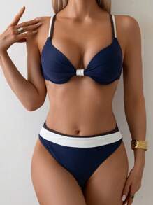 Swim Basics 2 Stücke/Set Damen Sommer Strand Urlaubs Mode unifarbener Push-Up gepolsterter Bikini Badeanzug Set