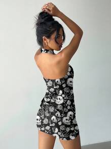 Aloruh Đầm ngắn hở lưng họa tiết hoa hồng xương rồng gợi cảm phong cách Halloween Y2K dành cho nữ, đầm Halloween - màu đen - Xem 2