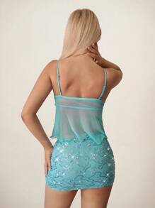 SHEIN ICON Women's Summer Casual Vacation Ruffle Trim Camisole Top & Mini Skirt 2 Pieces Set Fall Women Clothes Aqua Dress Sequin Dress - Teal Blue - View 11