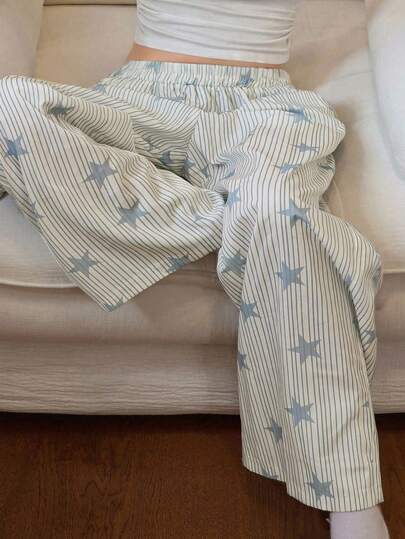 Dazy Plus Plus Size Elastic Waist Striped Star Print Loose Straight Pajama Bottoms, For Fall & Winter, Cozy