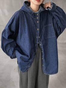 FRIFUL 女士休闲水洗落肩宽松连帽牛仔夹克