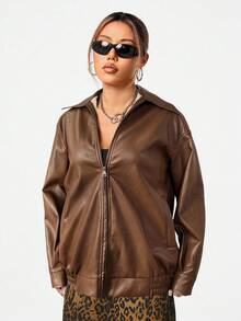 SHEIN EZwear 女士休闲皮夹克，带口袋，宽松版型，翻领，长袖，咖啡棕色，秋季必备 - 咖啡棕 - 查看 3