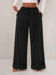 SHEIN SXY Quần dài thường ngày thanh lịch quyến rũ gợi cảm cơ bản rộng rãi cho nữ cỡ lớn Thu & Đông, Xuân & Hè - màu đen - Xem 6