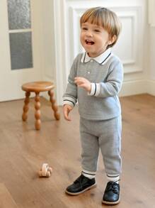 Souflis Souflis 2pcs/Set Toddler Boys' Minimalist Polo Collar Grey Long Sleeve Top And Grey Cuffed Pants, Autumn/Winter Baby Tracksuit Baby Boys Outfit Baby Casual Sets Baby Clothing Boy - Grey - View 7