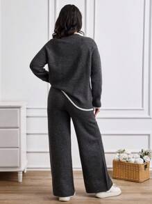 EURMUSE Minimalist Contrast-Trim Lounge Set – Soft Knit Long Sleeve Top & Wide-Leg Pants - Grey - View 2