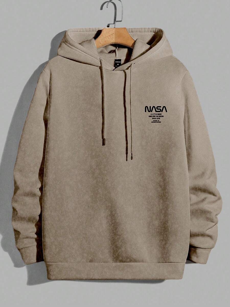 EURMUSE 100%Cotton Men Letter Graphic Drawstring Hoodie - Beige - View 1