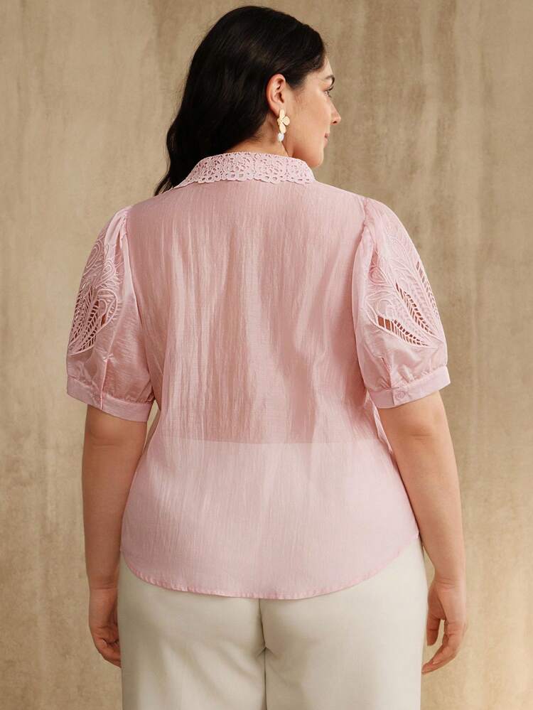 Elegant & Fashionable Eyelet Embroidery Lantern Sleeve Pink Blouse, Summer