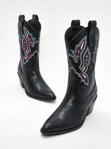 Solezae Glamorous Western Style Cowboy Mid-Calf Black Point Toe Country Rodeo Holiday Fun Fashion Shoe - Black - View 1