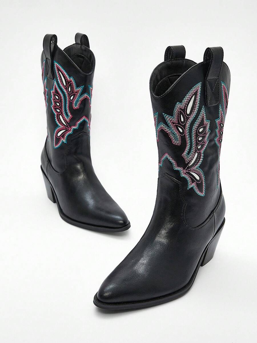 Solezae Glamorous Western Style Cowboy Mid-Calf Black Point Toe Country Rodeo Holiday Fun Fashion Shoe - Black - View 1
