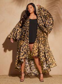 Vixey Áo kimono dáng rộng dành cho nữ cỡ lớn, chất liệu organza mỏng, họa tiết da báo, có bèo nhún ở gấu, thích hợp mặc đi biển hoặc mùa hè. - Màu nâu  Mocha - Xem 1