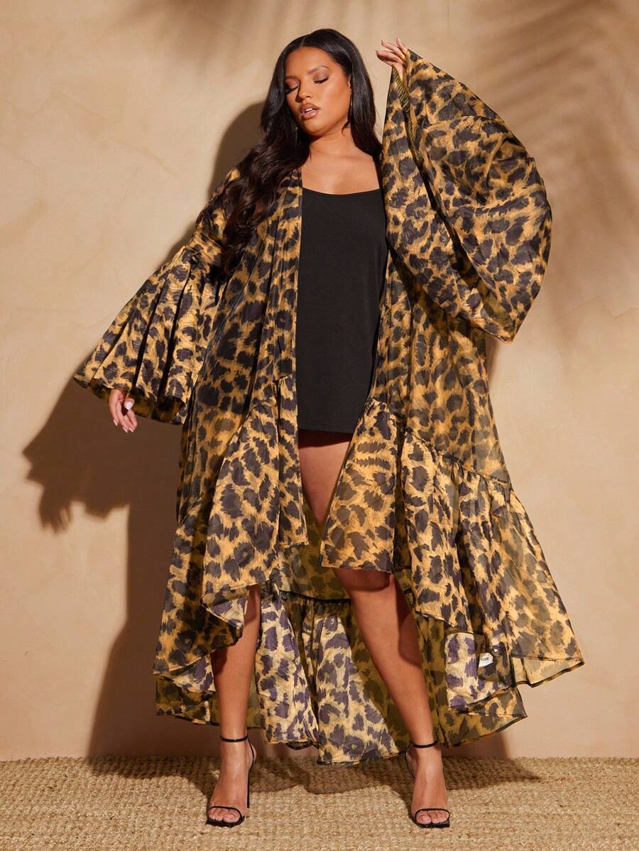 Vixey Áo kimono dáng rộng dành cho nữ cỡ lớn, chất liệu organza mỏng, họa tiết da báo, có bèo nhún ở gấu, thích hợp mặc đi biển hoặc mùa hè. - Màu nâu Mocha - Xem 1