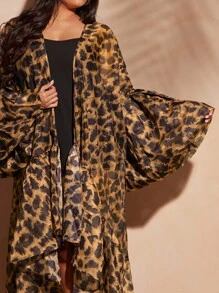 Vixey Áo kimono dáng rộng dành cho nữ cỡ lớn, chất liệu organza mỏng, họa tiết da báo, có bèo nhún ở gấu, thích hợp mặc đi biển hoặc mùa hè. - Màu nâu  Mocha - Xem 5