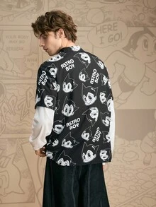 Astro Boy X SHEIN Men's Cartoon Figure Graphic Black Button-Front Short Sleeve Shirt - Black - View 4