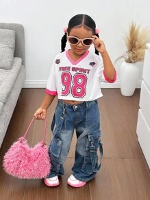 年轻女孩V领针织数字图案休闲短款T恤 - 白色 - 查看 3