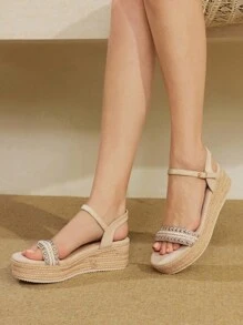 Styleloop Giày sandal đế dày dệt đế xuồng cho nữ, trang phục du lịch phong cách Bohemian, giày đế dày - Màu be - Xem 2
