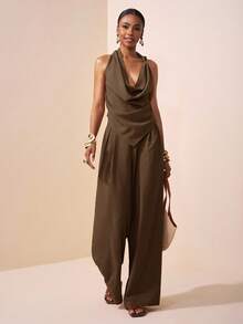 Zivah 2025 春夏新款音乐节、复活节、圣帕特里克节、西部风、游牧风、生日派对、毕业典礼、学院风、学生装、日常休闲、百搭百搭、休闲、邮轮旅行、海滩、日光浴、病毒式传播、街头服饰、婚礼嘉宾波西米亚风、通勤、早午餐、机场装 - 棕色纹理面料不对称结饰设计尖头上衣、喇叭领上衣和阔腿裤套装 - 棕色 - 查看 4